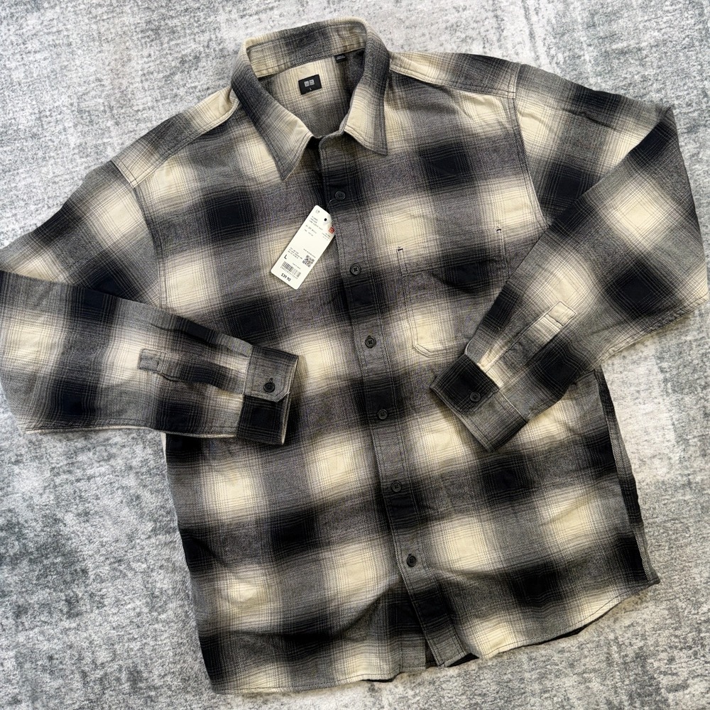 Uniqlo Flannel Shirt Mens Large Black Cream Shadow Plaid Check Button Up NEW
